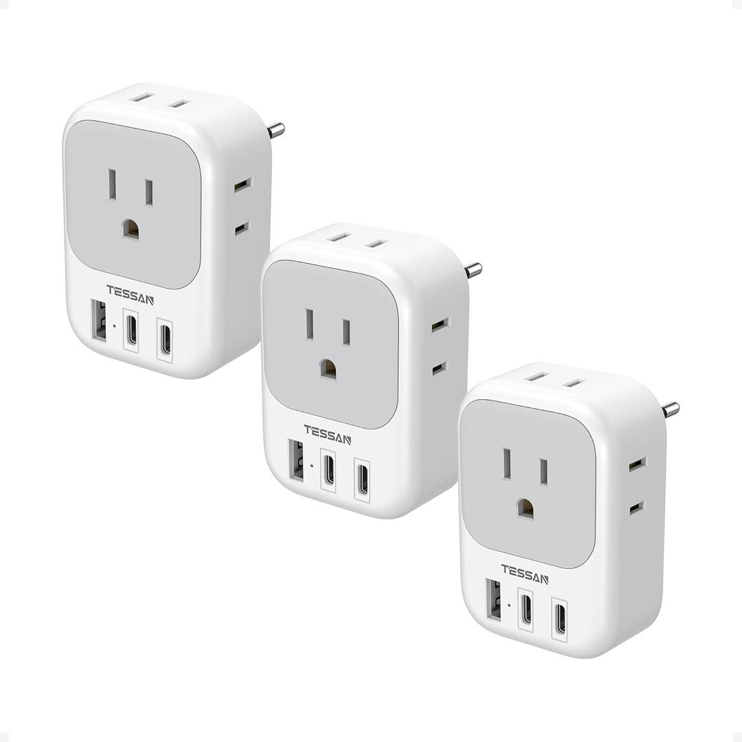 European Travel Plug Adapter 3 Pack, TESSAN Type C Charger Plug with 4 Outlets 3 USB (2 USB-C), US to Europe Plug Adapter for Italy, Spain, France, Portugal, Greece, Iceland, Travel Essentials
