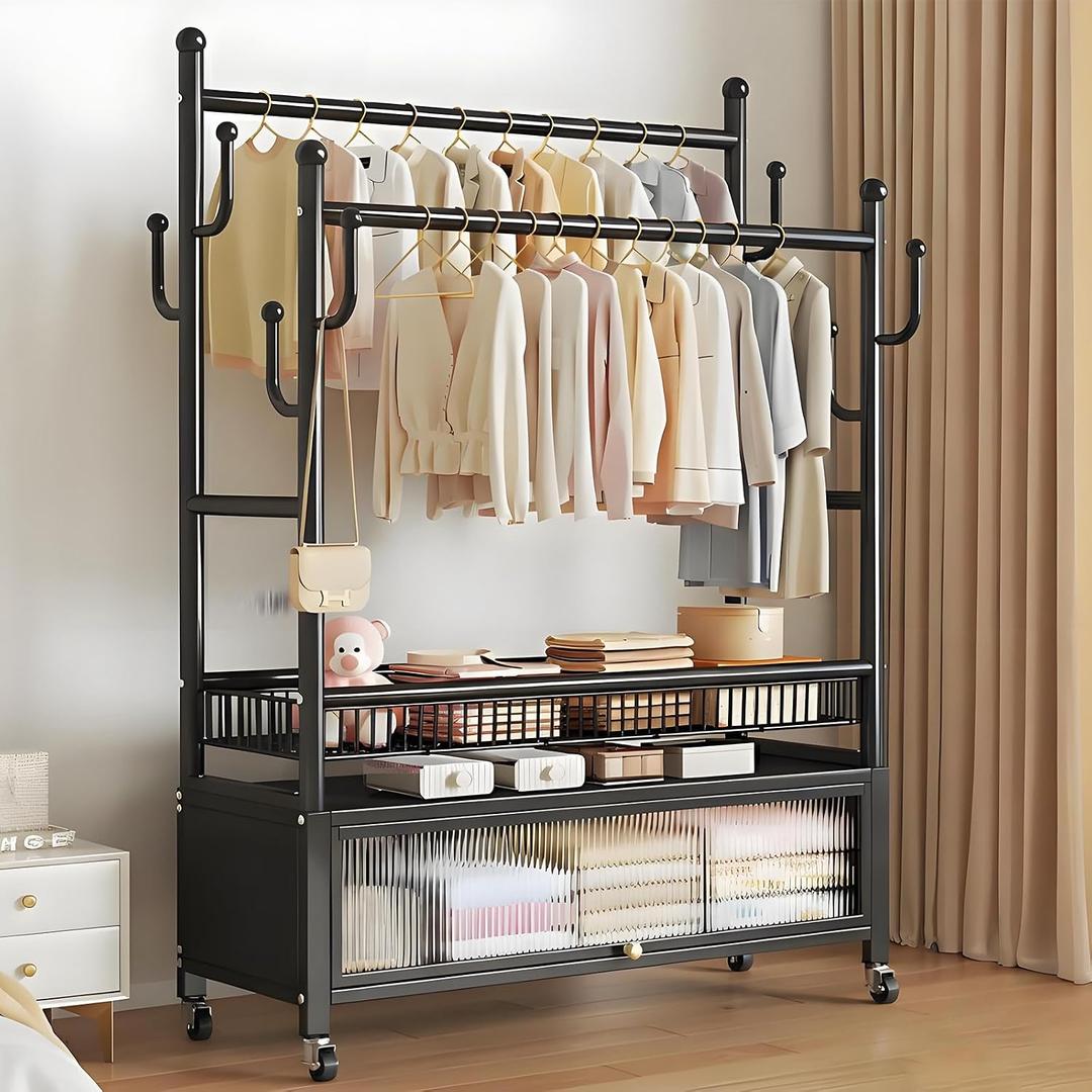 Rolling Clothing Rack, Clothes Rack with Shelves, Double Rods and Side Hooks, Portable Wardrobe Rack, Metal Garment Rack, Sturdy Coat Rack for Bedroom, Laundry, Living Room, Black,67H × 13D × 39.4W in