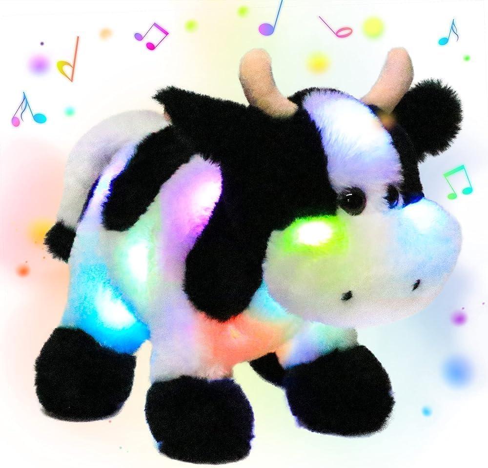 Hopearl LED Musical Stuffed Cow Lighting Up Singing Plush Toy Adjustable Volume Lullaby Animated Soothe Birthday Festival for Kids Toddler Girls, 12''