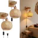Woven Rattan Plug in Wall Sconce, 15 RGB Dimmable Boho Light, Wood