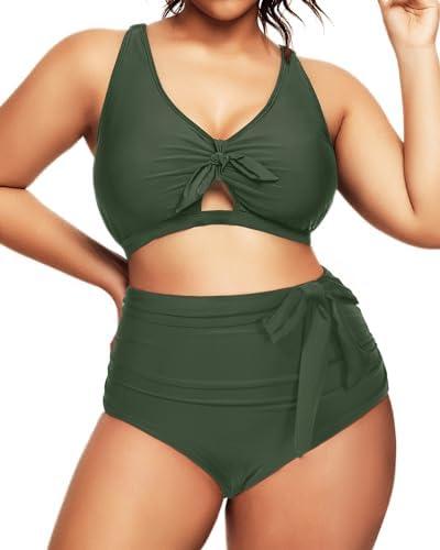 Daci Women 2 Piece Plus Size Bikini Swimsuit High Waisted Bottom Ruched Tie Knot Bathing Suit 20W