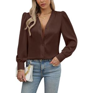 Blouses for Women Business Casual Tops Satin Silk V Neck Long Sleeve Button Down Shirts Work Blouses (Small, Brown)