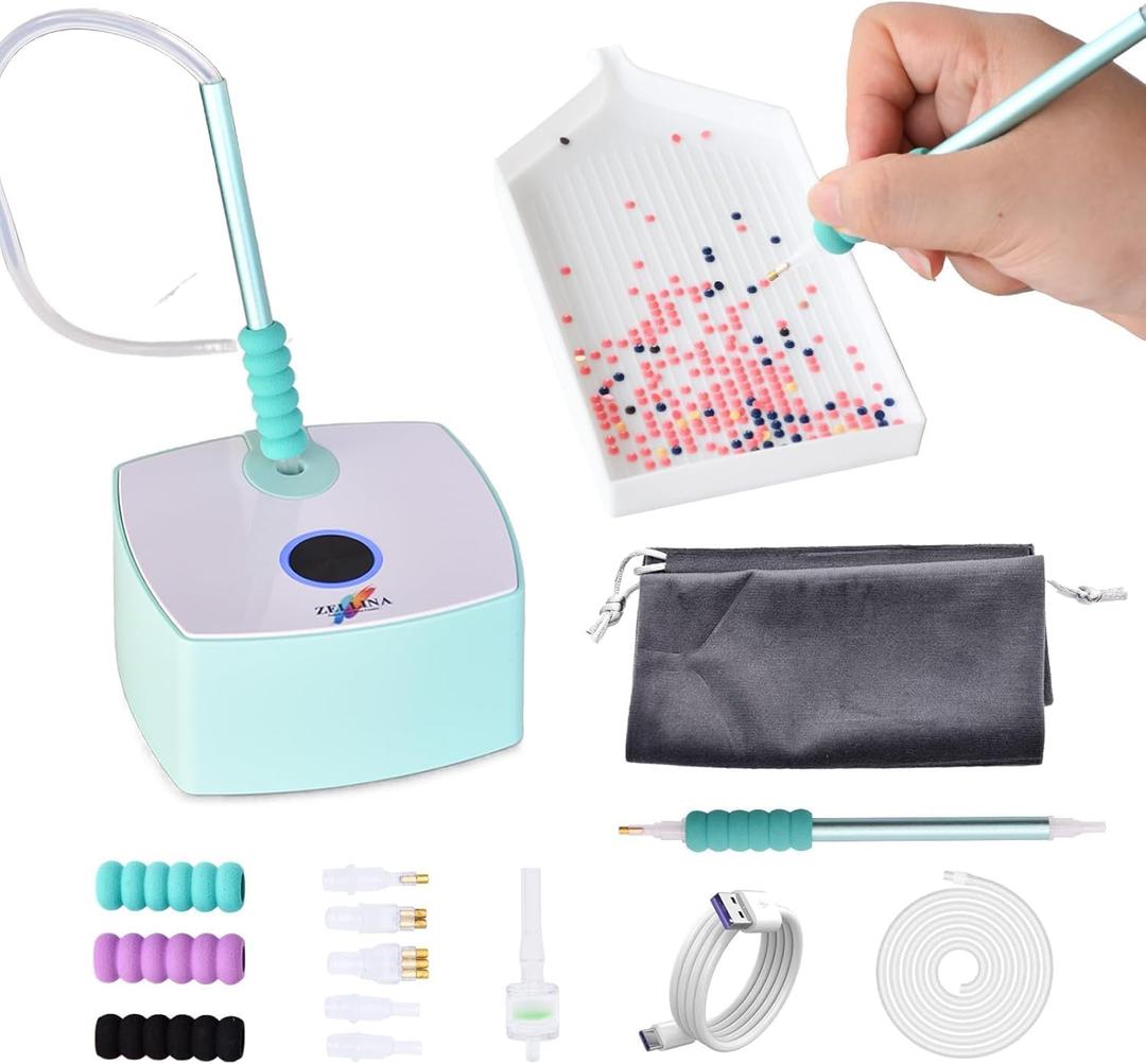 Zellina Diamond Art Painting Pen Kit for Adults, Vacuum Diamond Art Painting Pen with Storage Tray, Accessories Tool for Setting AB Stones Without Wax, Quiet and Long-Lasting(Green)