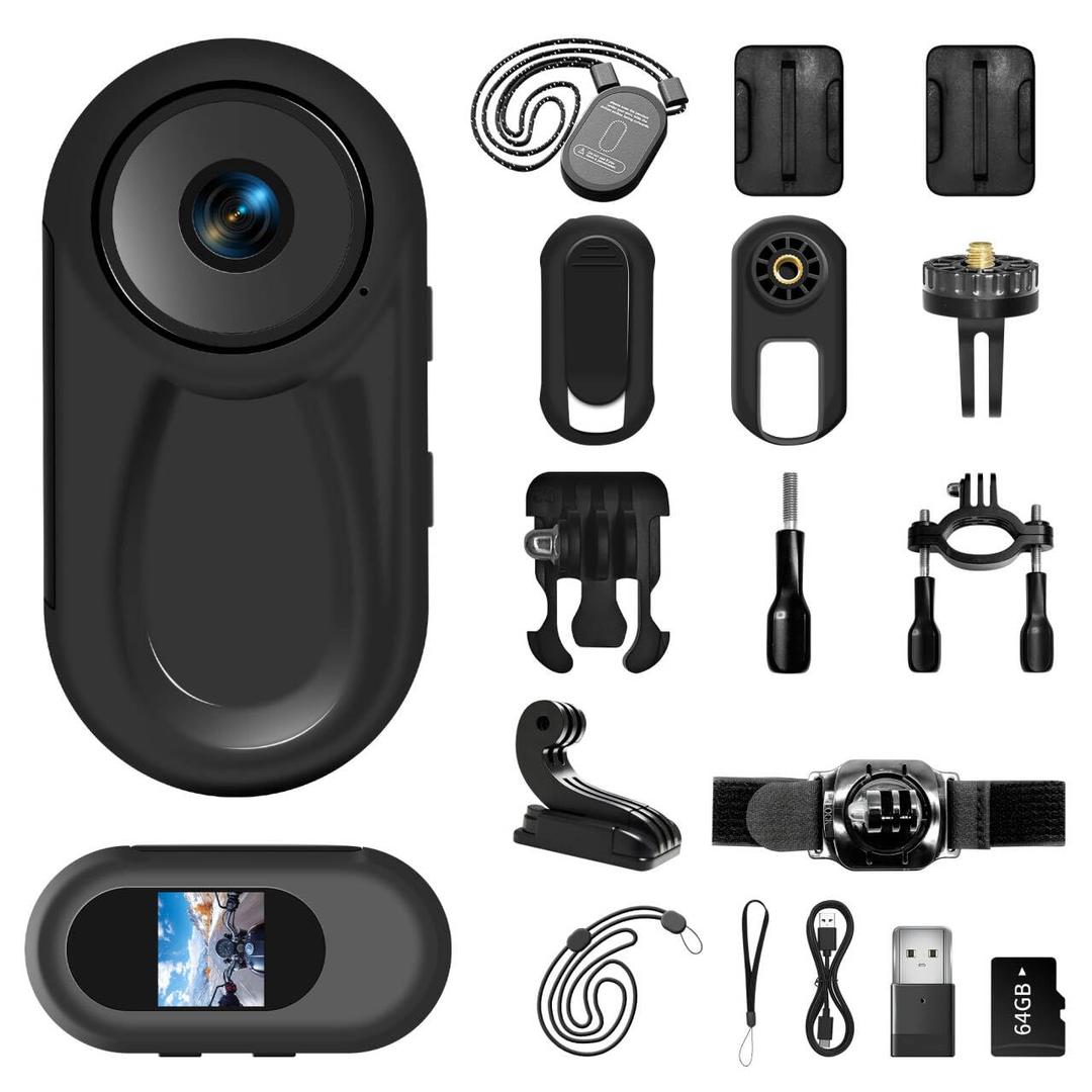 1080P Mini Body Camera with 64GB Card, Wearable Action Body Cam,One-Click Filming Body Worn Camera, Pets Collars Mount and Bicycle Mount Bracket for for Work, Travel, Pet Walking