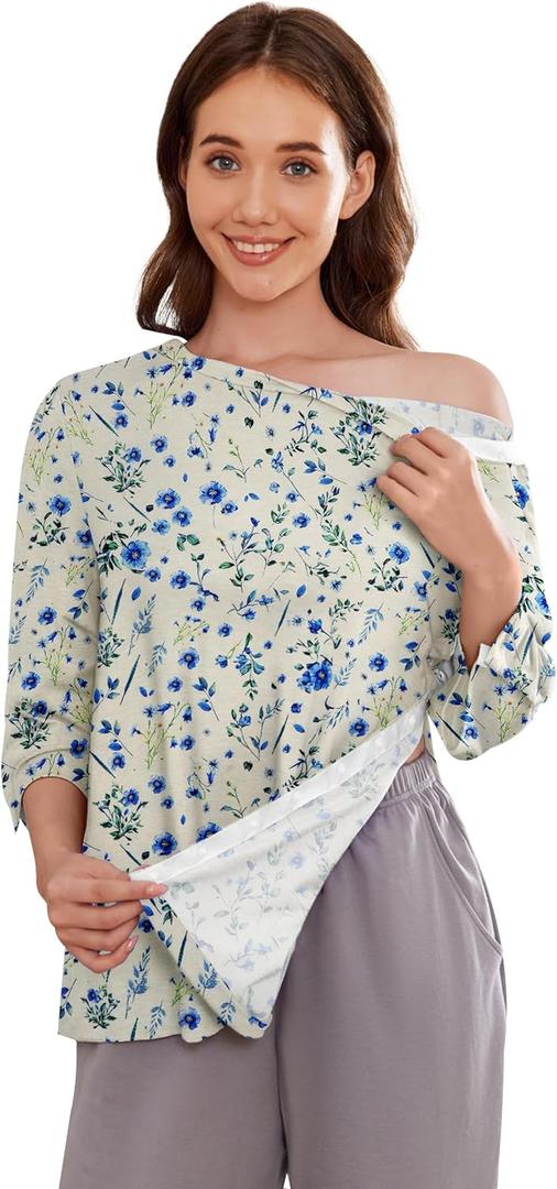 Deyeek Post Shoulder Surgery Shirts for Women Tear Away 3/4 Tops After Rotator Cuff Shirts Chemo Port Adaptive Clothing (Medium, Apricot Print)