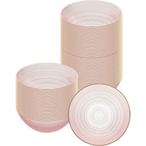 Restaurantware Plastic Bowls 20 Pcs 16 oz Gold Rimmed Disposable Soup Bowls Heavy-Duty Pink Translucent Rippled Dinnerware Containers for Party, Desserts, Salads, Snacks and Catering