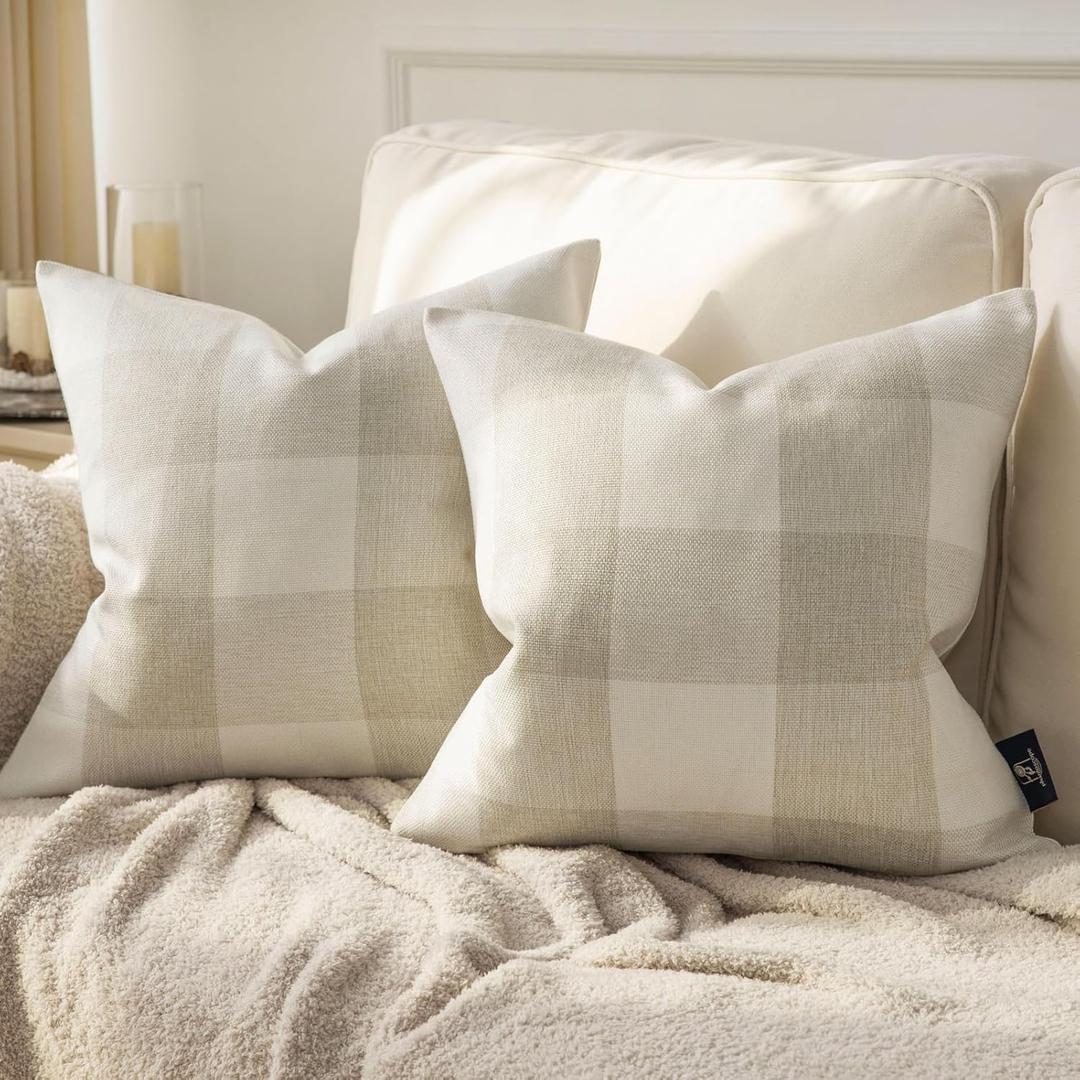 Phantoscope Pack of 2 Gingham Buffalo Check Plaid Throw Decorative Pillow Cover Outdoor Indoor Throw Pillows Farmhouse Square Pillow Cases for Home Decor Off White,18 x 18 Inches