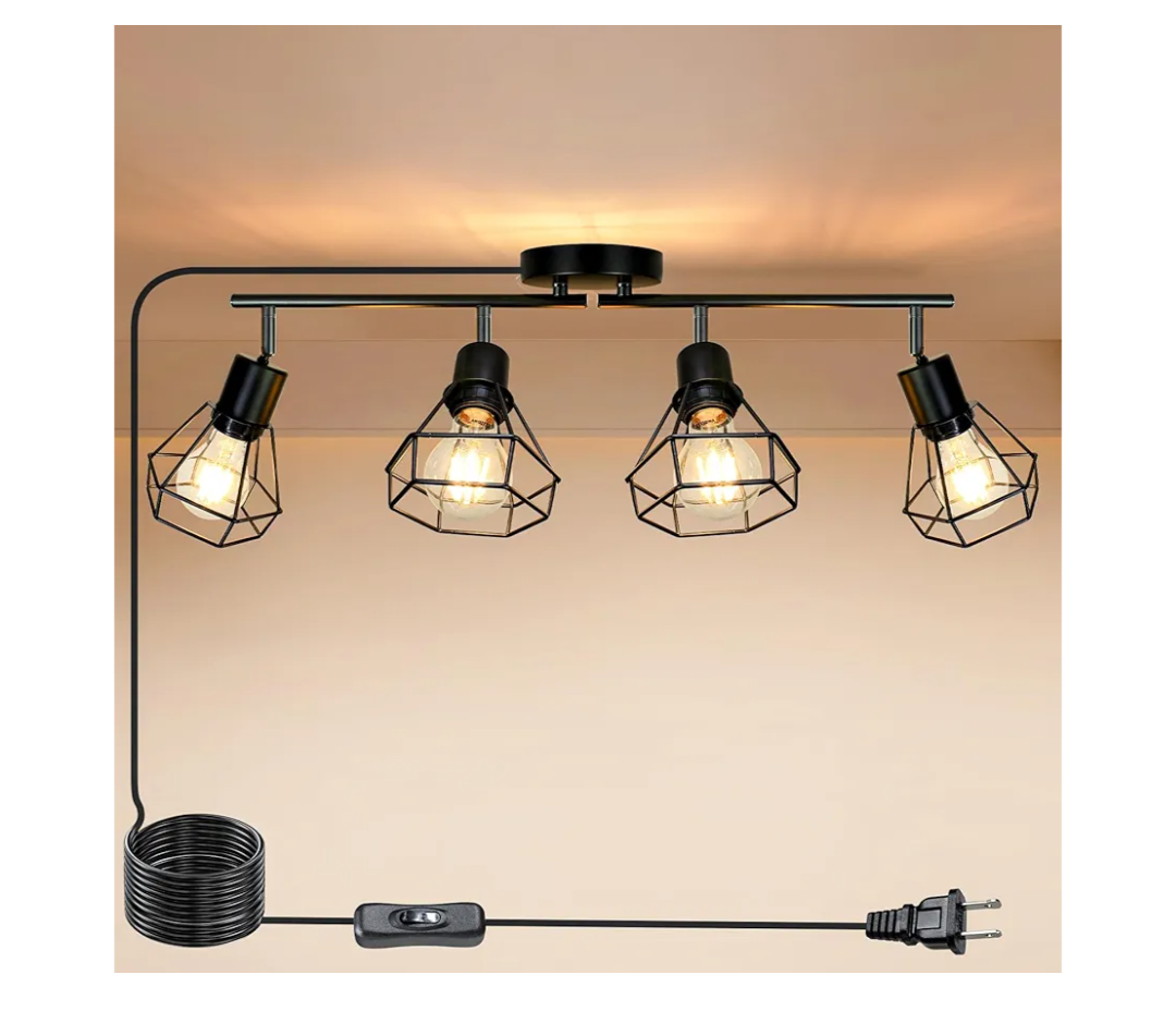 HiBay Plug in Track Lighting Fixtures Ceiling, Adjustable 4-Light Track Light Black, Directional Modern Ceiling Spotlight E26 with 16.4ft Cord & in-Line On/Off Switch for Kitchen Living Room Dorm
