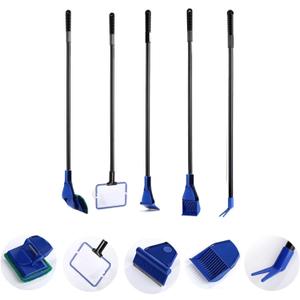 5 in 1 Aquarium/Fish Tank Cleaning Kit/Tool, Algae Scraper, Fish Net, Sponge, Plant Fork, Gravel Rake, Length 19 inches (Non-Extendable)