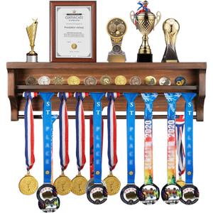 IHEIPYE Solid Wood Medal Hanger Display Shelf Medal Holder, Wall Mount Medal Rack Display Holder for Runners, Marathon, Race Winner,Soccer, Football, Gymnastics & All Sports-Walnut