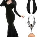 Oumbivil Adult Black Dress for Goth Costume Women Family Party Dress Up with Wig Necklace for Vampire Witch Costumes (X-Large)