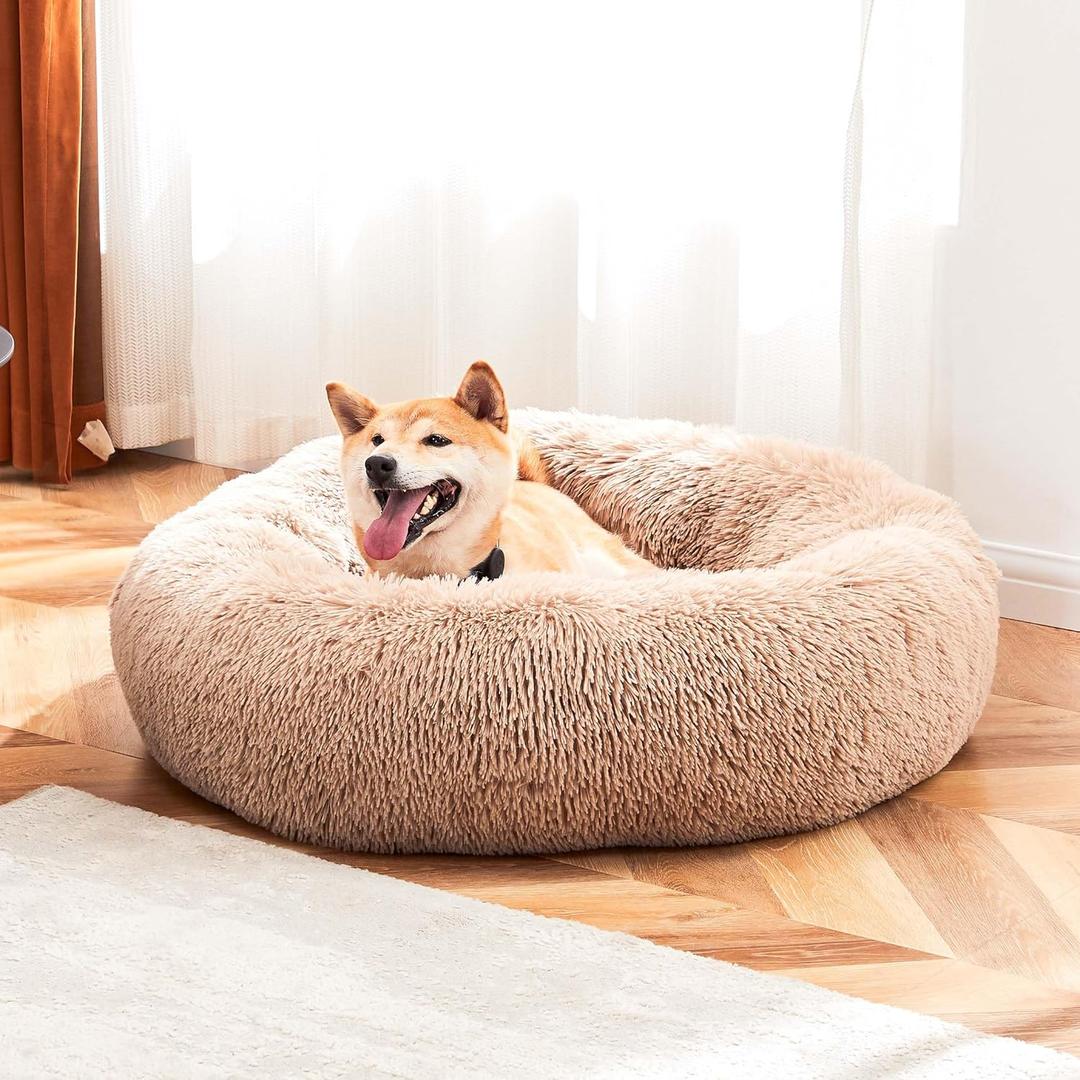 NEWBULIG 37.4x37.4 Inch Dog Bed Large Sized Dog, Donut Shape Cat Beds for Indoor Cats with Washable, Anti-Slip, Faux Fur (Brown)