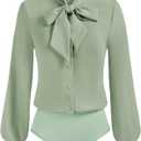 Kate Kasin Women Bow Tie Neck Office Blouse Button Down Long Sleeve Bodysuits Blouse Top (Large, Light Green)