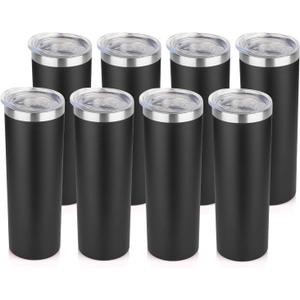 HASLE OUTFITTERS 20 oz Skinny Tumblers Bulk Set, Stainless Steel Insulated Slim Tumblers with Lids, Reusable Double Wall Travel Coffee Mugs, Durable Powder Coated Travel Water Cups(Black, 8) (