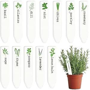 JarThenaAMCS 12Pcs Ceramic Herb Plant Label Signs 12 Styles Garden Herb Markers Waterproof Plant Name Stake Tags for Nursery Indoor Outdoor Garden Decor