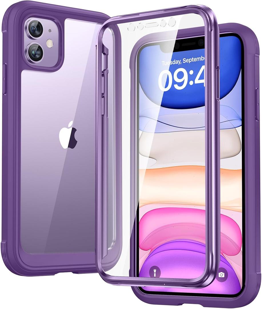 Diaclara Compatible with iPhone 11 Case, Full Body Rugged with Built-in Touch Sensitive Anti-Scratch Screen Protector, Soft TPU Bumper Case Clear Compatible with iPhone 11 6.1" (Purple and Clear)
