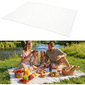 91 x 71 Inch Large White Picnic Blanket, Outdoor Picnic Blanket with Fringe, Soft Cotton Woven Blanket Picnic, Lightweight Foldable Blanket Picnic for Beach, Park, Camping (White Diamond Pattern)