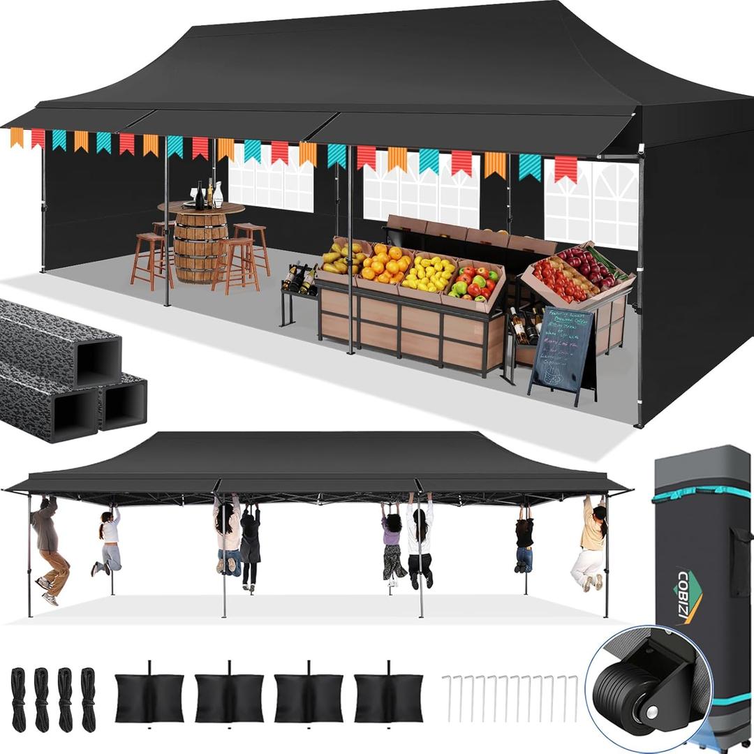 COBIZI 10X30 Pop Up Canopy Tent Heavy Duty with Sidewalls, Outdoor Commercial Canopy with Awning, Waterproof&69 SF Extended Awning, Vendor Tent for Market, Party Events, Black