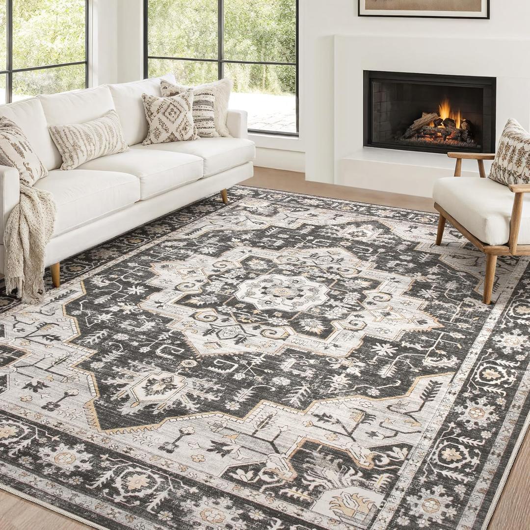Area Rug 10x14 Washable Vintage - Soft Traditional Rug for Living Room Bedroom Dining Room or Home Office -Non Slip Backing Large Rugs with Low Pile Farmhouse Oriental Retro Carpet - Black Gold