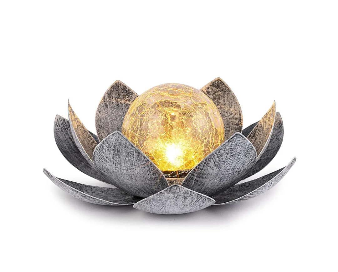 Huaxu Solar Lights Outdoor Garden, Crackle Globe Glass Lotus Decor, Waterproof LED Metal Flower Decorations for Patio,Lawn,Walkway,Tabletop,Ground