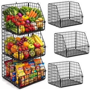 3-Tier Wall Hanging Fruit Baskets for Kitchen Organizing Fruits and Vegetables, Heavy-Duty Wall Basket for Storage, Wire Hanging Fruit Basket for Kitchen & Pantry (Rectangular, Black)