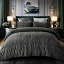 PHF Luxury Velvet Comforter Set Queen Size, 3 Pieces Ultra Soft Seersucker Ruched Bedding, Fluffy Textured Breathable Sherpa Fleece Bed Set with 1 Comforter, 2 Pillow Shams, 90"x90", Grey