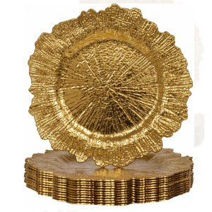 MAONAME 13" Gold Charger Plates, Round Reef Chargers for Dinner Plates, Plastic Plate Chargers for Table Setting, Wedding Decor, Set of 12