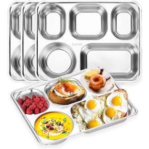4 Pack 304 Stainless Steel Divided Plates Tray, 5 Sections Small Rectangular Dinner Plates Control Plates for Kids, Picky Eaters, Campers, Diet Food Portion Control