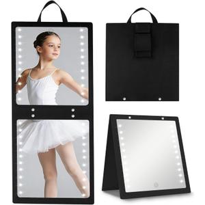 Fabuday Lighted Hanging Mirror for Dance Backstage - Rechargeable Folding LED Full Length Mirror with Lights for Dancers, Portable Foldable Travel Body Mirrors, Brightness Adjustable, Black