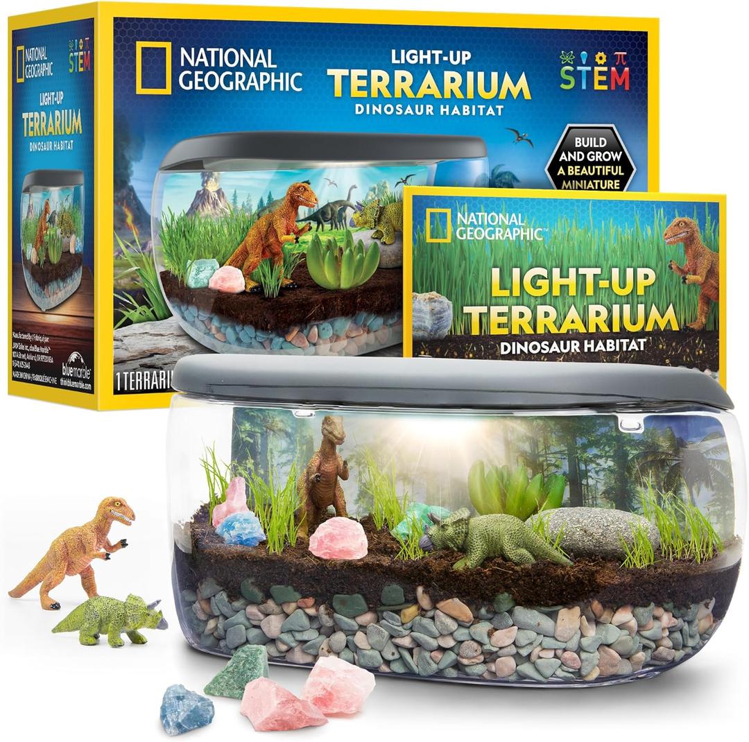 NATIONAL GEOGRAPHIC Light Up Terrarium Kit for Kids - Build a Dinosaur Habitat with Real Plants & Gemstones, Science Kit Gift for Boys & Girls, Dinosaur Toys for Kids 