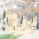 29Pcs Ceramic Christmas Village Set with Tea Light Pine Trees Xmas Street Lamp White Porcelain House Mantle Tabletop Christmas Decoration(Built in LR44)