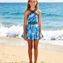 ADUKIDE 9-18T Girls Two Piece Tankini Swimsuits Teens Criss Cross Straps Bathing Suit Flowy Swimdress with Bottom (Blue)