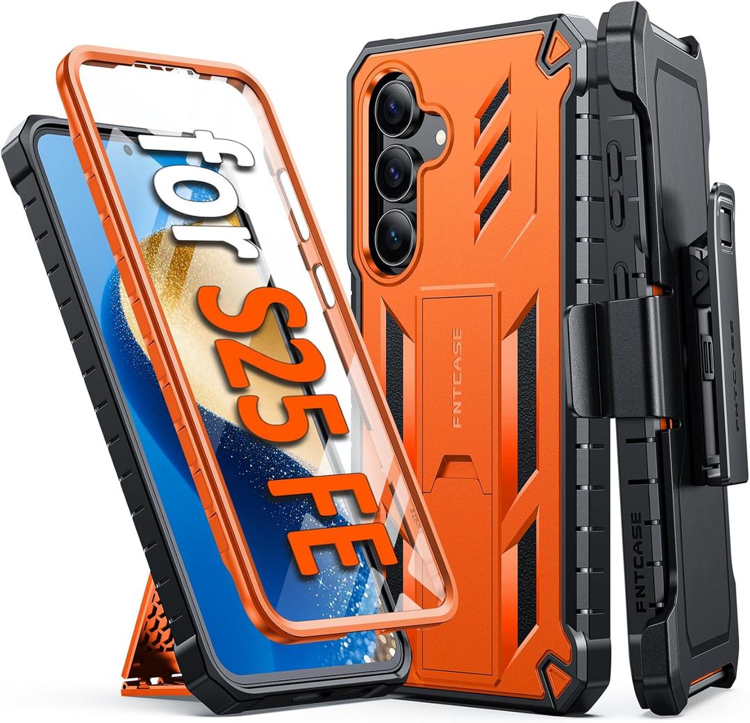 FNTCASE for Samsung Galaxy S25-FE Case: Military Grade Rugged Cell Phone Cover with Kickstand & Holster | Shockproof TPU Protection Bumper Matte Textured Design for Galaxy S25 FE Cases 6.7inch(Orange)