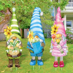 Umigy 3 Pcs Spring Yard Sign Gnome Outdoor Sign with Stakes 32 x 10 Inch Spring Flower Gnome Lawn Decor Spring Yard Decor Spring Lawn Decor for Home Pathway Walkway Decor