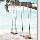 Beach Coastal Canvas Wall Art: Seaside Palm Tree Painting Ocean Swing Hanging on Coconut Trees Picture Light Blue Sky Seascape Artwork Decor for Living Room 36"x24"x1panel