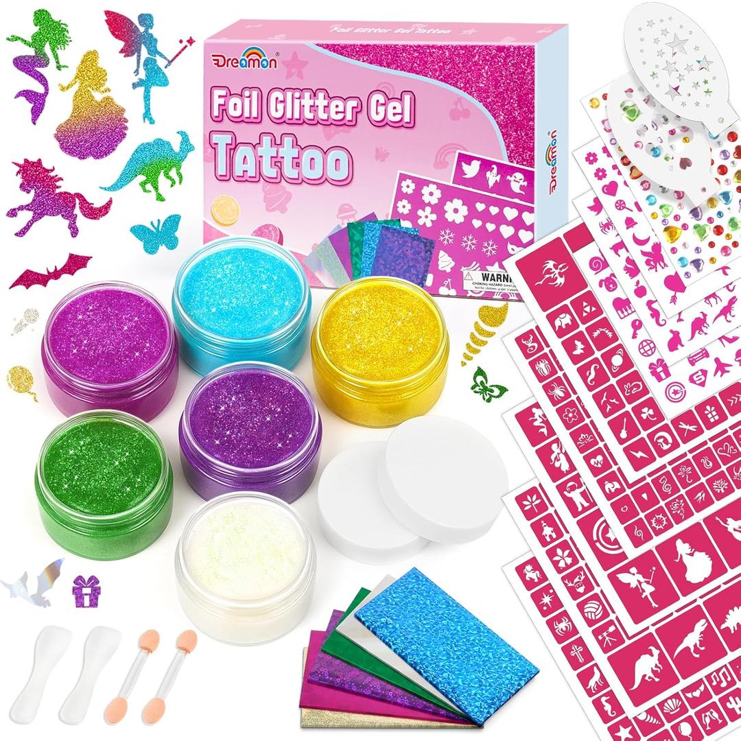 Dreamon Temporary Glitter Tattoo Kit for Kids with 6 Colors No-mess Glitter Gel, 325 Unique Stencils - Adult & Kids Body Art Glitter Make Up Kit - Gifts for Girls Boys Christmas Birthday Summer Party (Large)