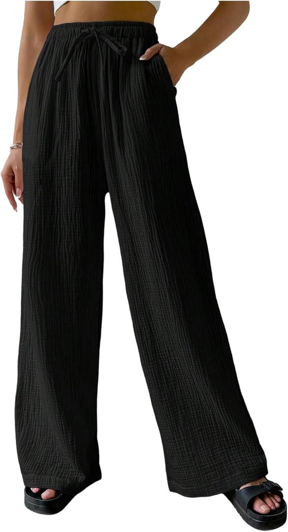 SHENHE Women's Wide Leg Pants with Pockets High Waist Drawstring Casual Textured Travel Pants (Medium, Black)