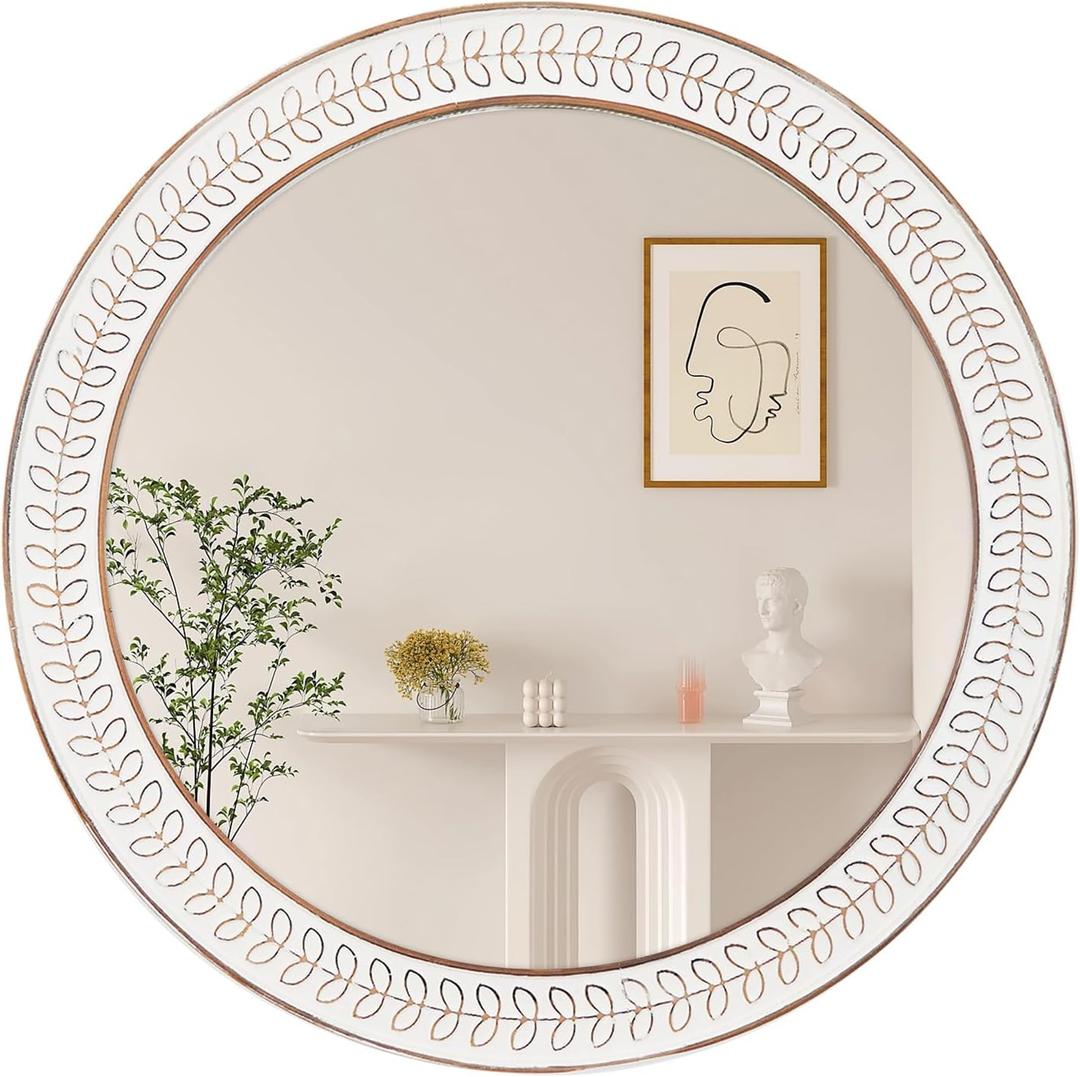 26 inch Round Mirrors for Wall Wood Circle Mirror with Carved Frame Rustic Accent Distressed Decorative for Living Room Bedroom Vanity Entryway Hallway Bathroom - White