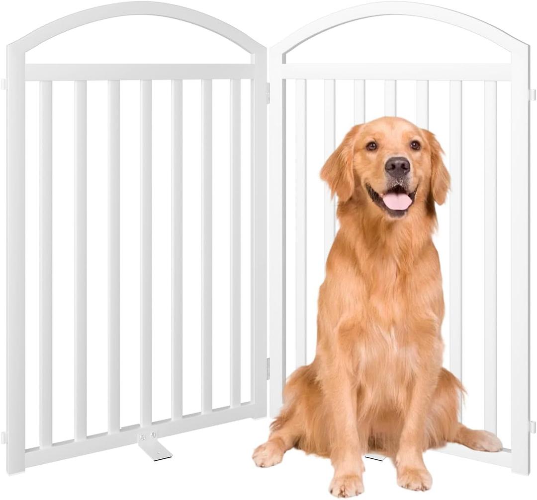 SNUOWU 2 Panels Full Matel Freestanding Dog Gates, 48" Extra Wide 32" Tall Free Standing Dog Pet Gate for Indoor & Outdoor. Foldable Pet Fences for Doorways, House, Stairs, Porch, Deck, Yard