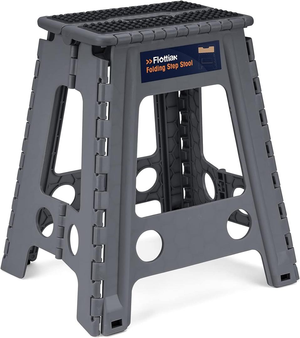 Flottian 18" Folding Step Stool for Adults and Kids Holds Up to 300 lbs,Non-Slip Folding Stools with Handle, Compact Plastic Foldable Step Stool for Bathroom,Bedroom, Kitchen,Gray,1PC