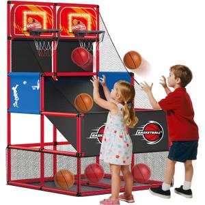 Upgrade Dual Basketball Arcade Game Kids Basketball Hoop with Electronic Scoreboard LED Light 6 Balls Indoor Outdoor Sports Toys Gifts for Boys Girls Ages 3-8 (Red)