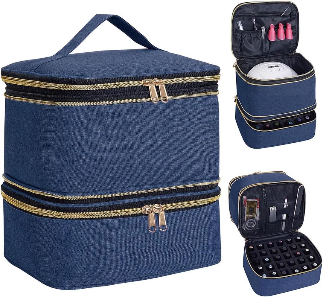 Nail Polish Organizer, Handheld Double Layer Nail Polish Storage with Adjustable Dividers, Holds 30 Bottles (15ml/0.5 fl.oz) for Nail Polish Lamp Manicure Tools and Essential Oil, Blue