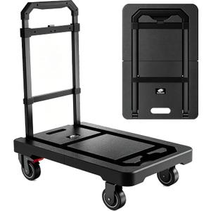 SPACELEAD Folding Hand Truck, Heavy-Duty Platform Truck with 330 Lbs Capacity, Collapsible Dolly Cart with 360 Silent Wheels & Telescopic Handle, Portable Moving Cart for Luggage & Office, Black