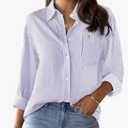 Striped Button Down Shirts for Women Cotton Dress Shirts Long Sleeve Collared Blouses Work Business Casual Tops, Size L