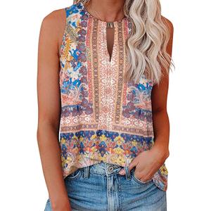 Soesdemo Tank Top for Women Keyhole V Neck Sleeveless Summer Casual Loose Fit Business Cute Floral Basic Shirt Blouse