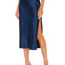 Skrtimory Womens Satin Silk High Waist Slit Midi Skirt Elastic Waistband Midi Skirts for Women Navy Blue, M Size