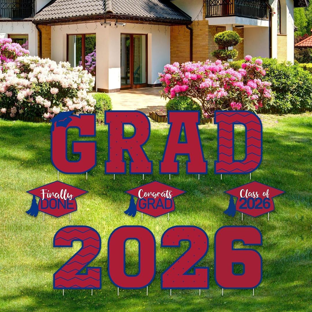 Tatuo 11 Pcs Graduation Yard Sign Decorations Congrats Graduation Lawn Signs 2026 Grad Yard Decor with 23 Stakes for Outdoor Grad Party(Red Blue,Simple Style)