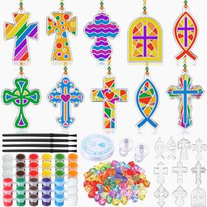 WinnerWhy 30 Sets Christian Cross Craft Kits Bulk, Religious VBS DIY Suncatcher Paint Your Own Cross Window Art Ornaments for Sunday School Church Activity Party Supplies Decoration