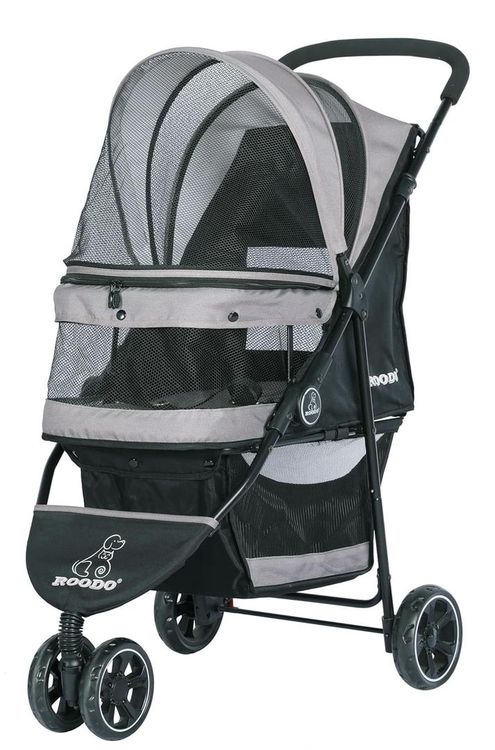 ROODO Escort 3 Wheel Dog Cat Pet Stroller for Small/Medium Dogs Cats Best Lightweight Foldable Portable Compact Jogger All Terrain Travel Pet Gear System Puppy Doggie Bunny Kitty Stroller(Grey) (33x37 Inch (Pack of 1))