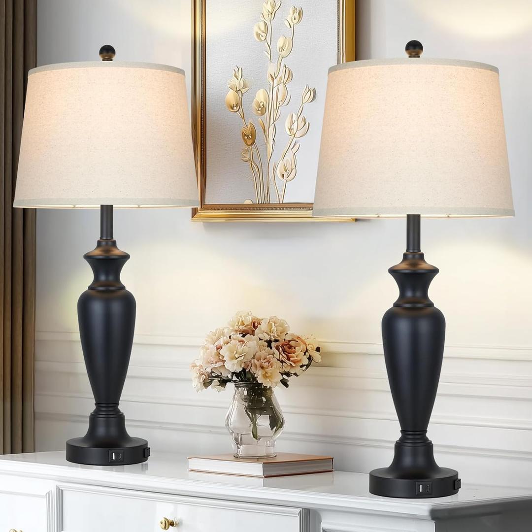 30" Tall Black Table Lamps Set of 2 for Living Room, Touch Control Bedside Lamps for Nightstand, 3-Way Dimmable Bedroom Table Lamp with USB A+C Ports and AC Outlet (2 LED Bulbs Included)